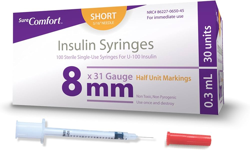 SureComfort U-100 Insulin Syringes 31G x 5/16" 3/10cc (8 mm), For Diabetes Care, Box of 100