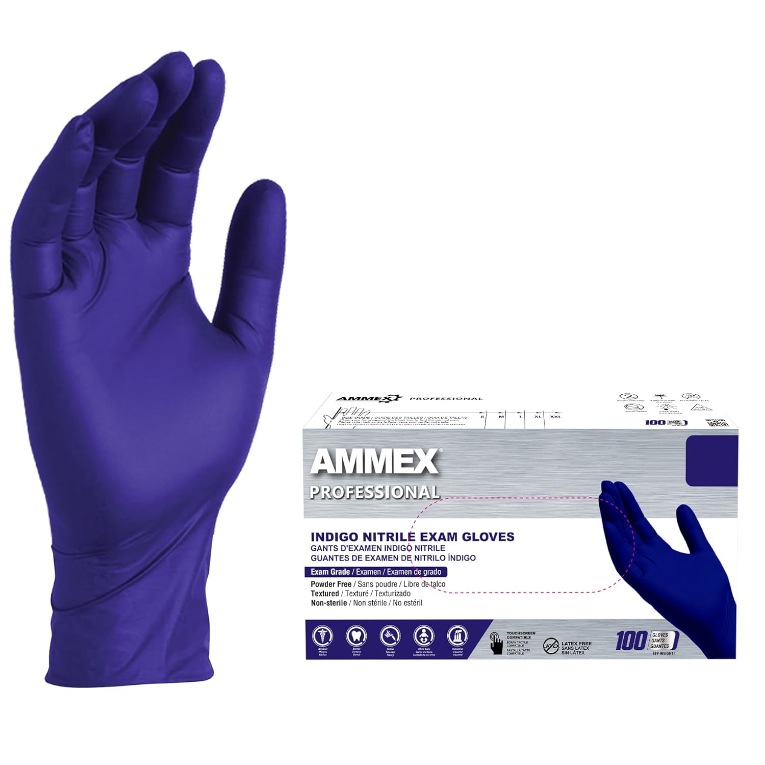 AMMEX Indigo Nitrile Disposable Exam Gloves, 3 Mil, Latex & Powder Free, Food-Safe, Textured, Non-Sterile, Large, Box of 100