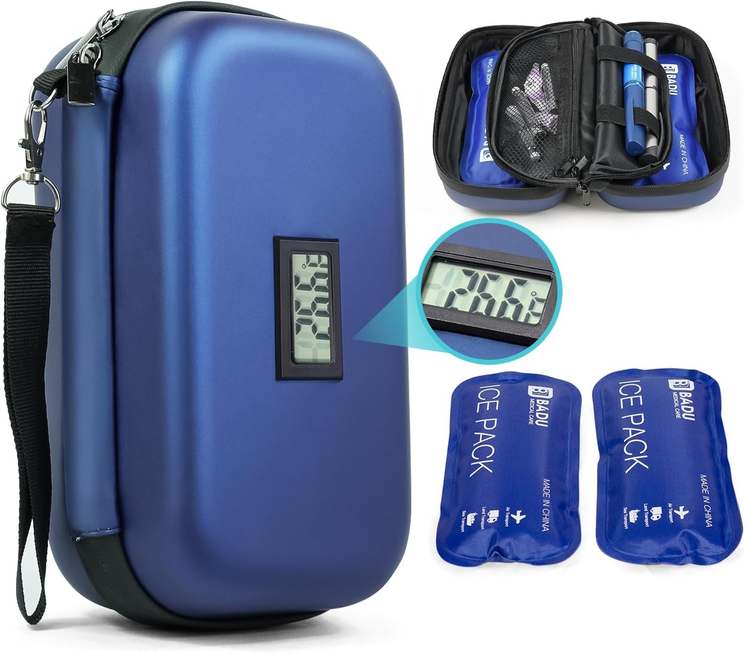 Gosemai TSA Approved Insulin Cooler Travel Case Medication Cooler for Travel with Thermometer Temperature Display Diabetic Medication Organizer Medical Travel Cooler Bag with 2 Ice Pack