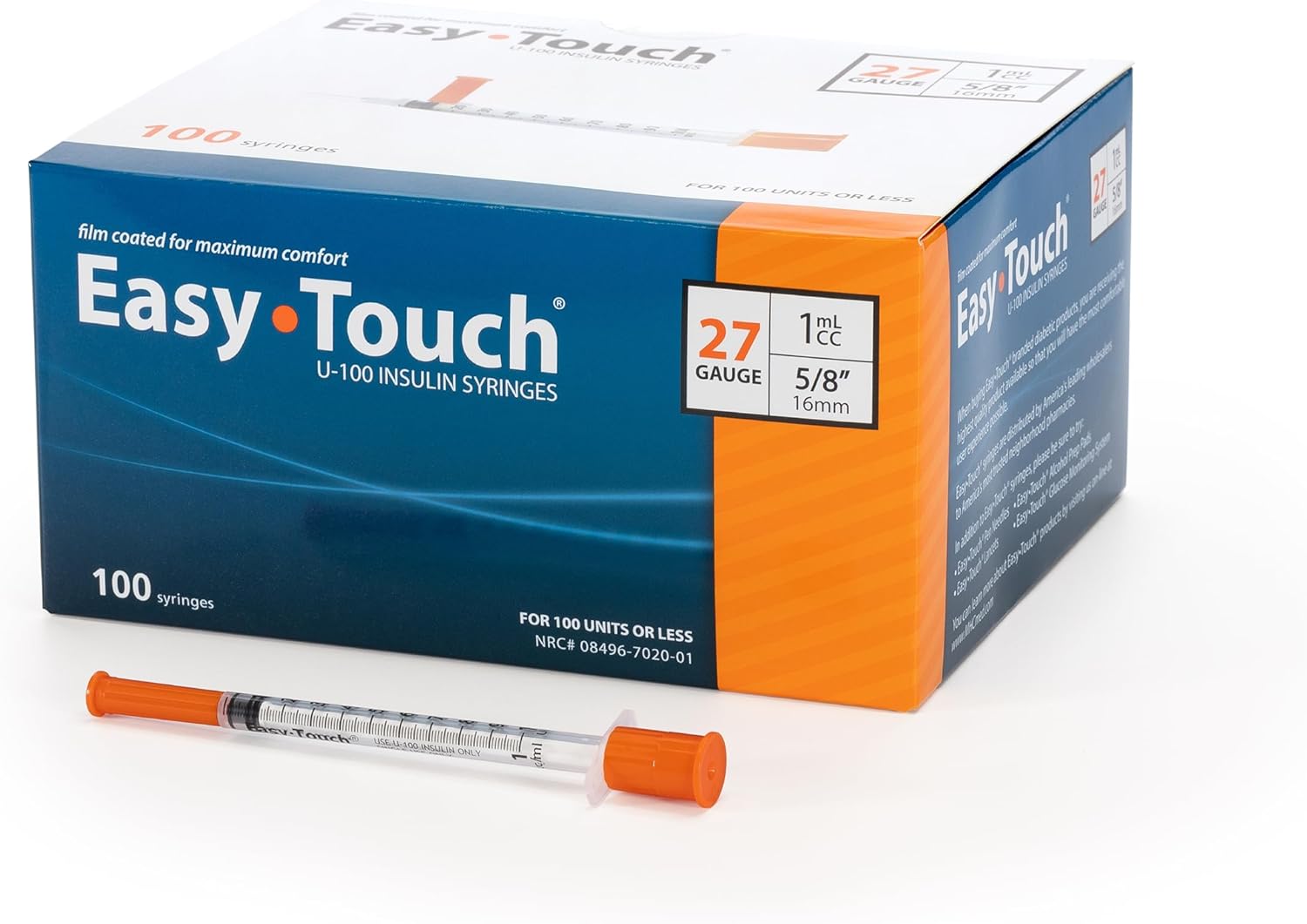 Easy Touch 27 Gauge U-100 Insulin Syringes (27G 1cc 5/8”) with 5/8” Long Needle, 1cc (100 Unit Capacity), Bold Markings for Accurate Dosing, Disposable, Box of 100