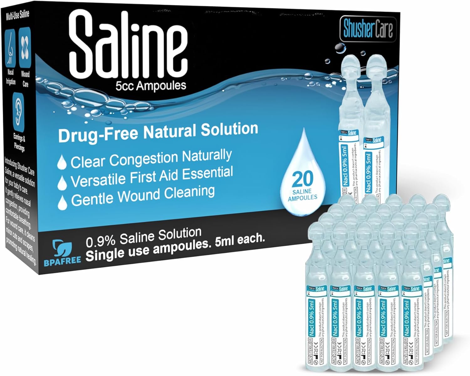 Shusher Care Saline Ampoules - Saline Solution, Sodium Chloride 0.9%, Nasal Cleanse for Babies, Kids, & Adults, Sterile Nasal Care, Wound Cleansing - 20 Count (5ml Each)