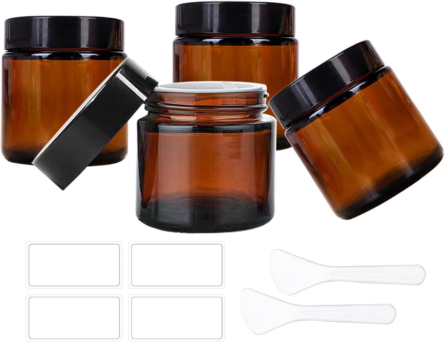 4 Pack 2 oz Amber Glass Jars with Lids，60ml Empty Round Glass Jar with Inner Liners and black Lids,Cosmetic Containers for Storing Cream,Ointments,Lotion (Amber - Black Lid)