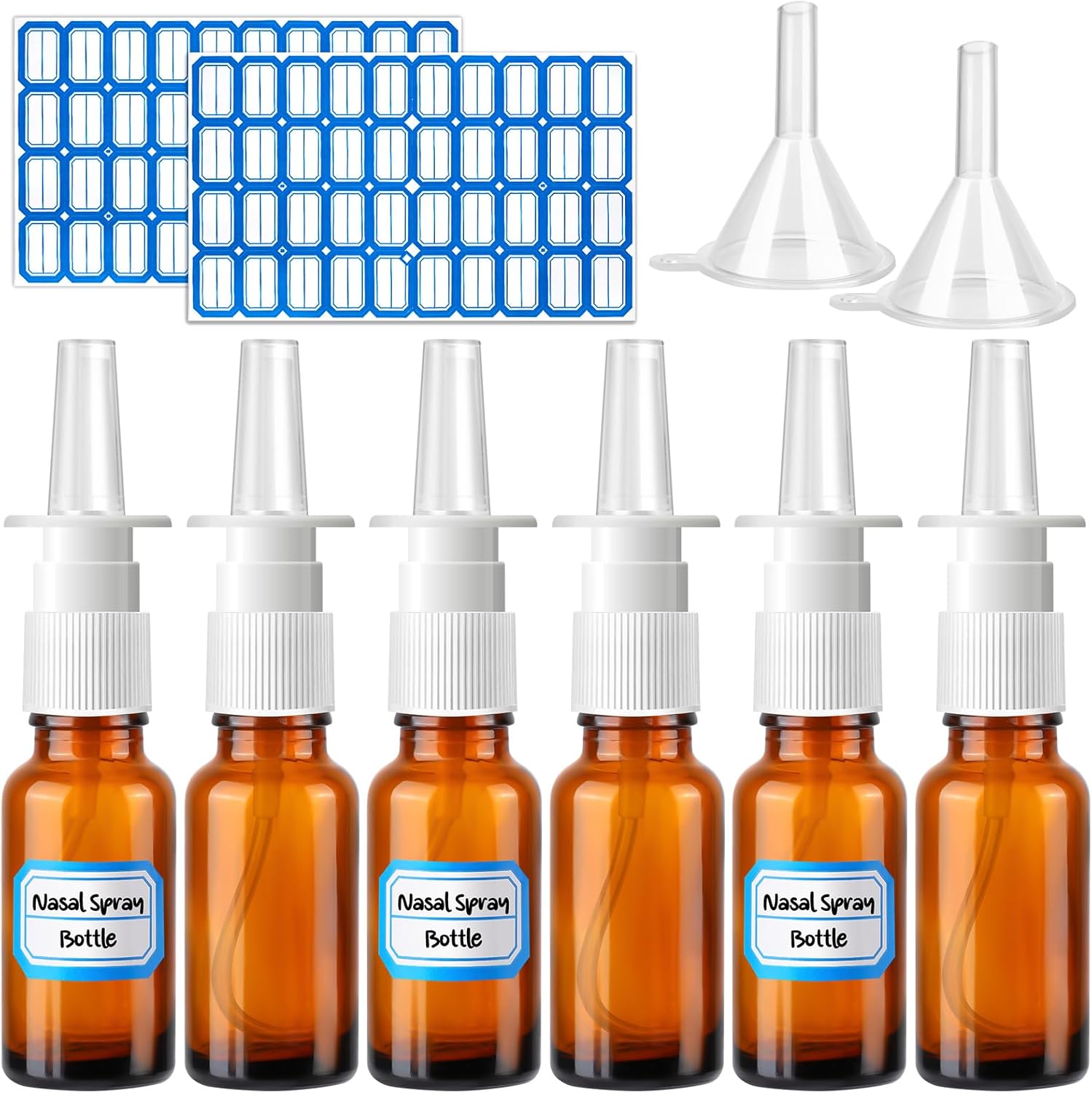 10 Pcs Nasal Spray Bottle, 20ML/0.7OZ 6 Pcs Fine Mist Glass Empty Refillable Nasal Spray Bottle with 2 Pcs Funnels and 2 Pcs Labels