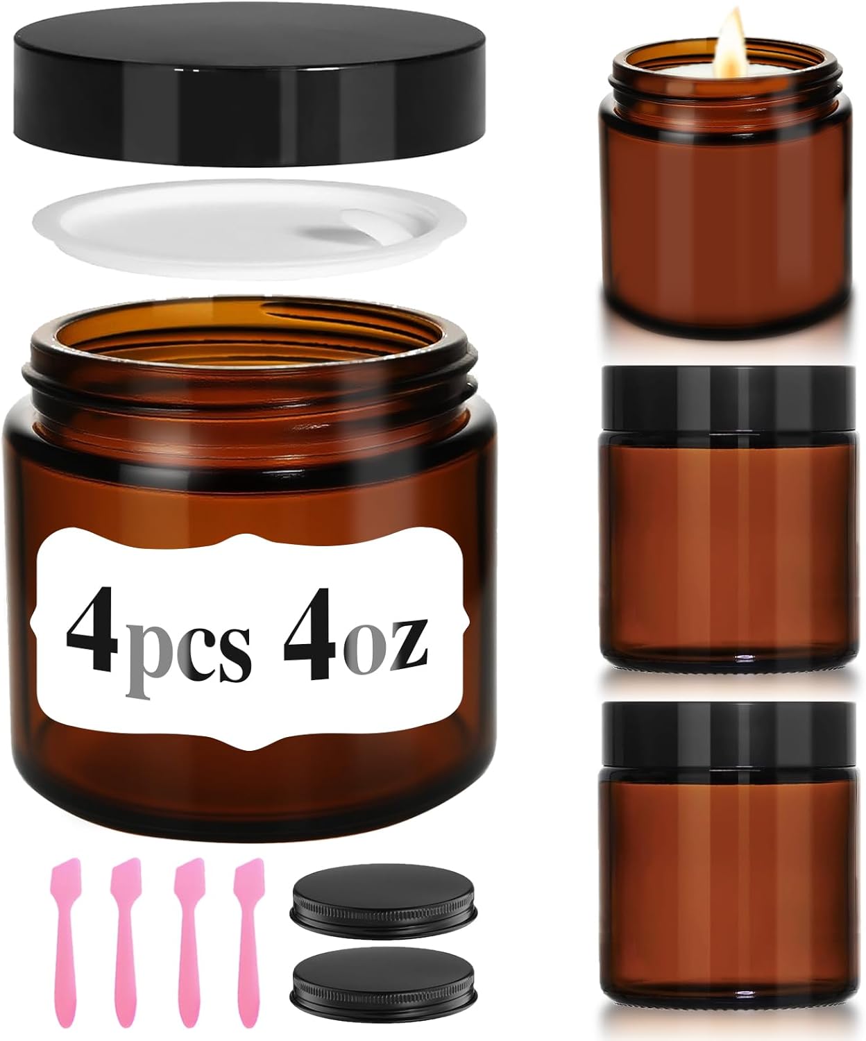 4 oz Glass Jars with Lids, 4 Pack Amber Small Glass Jars with Black Lids Leakproof Airtight Empty Cosmetic Travel Containers with Inner Liners For Lotions Body Scrub, Candle Making