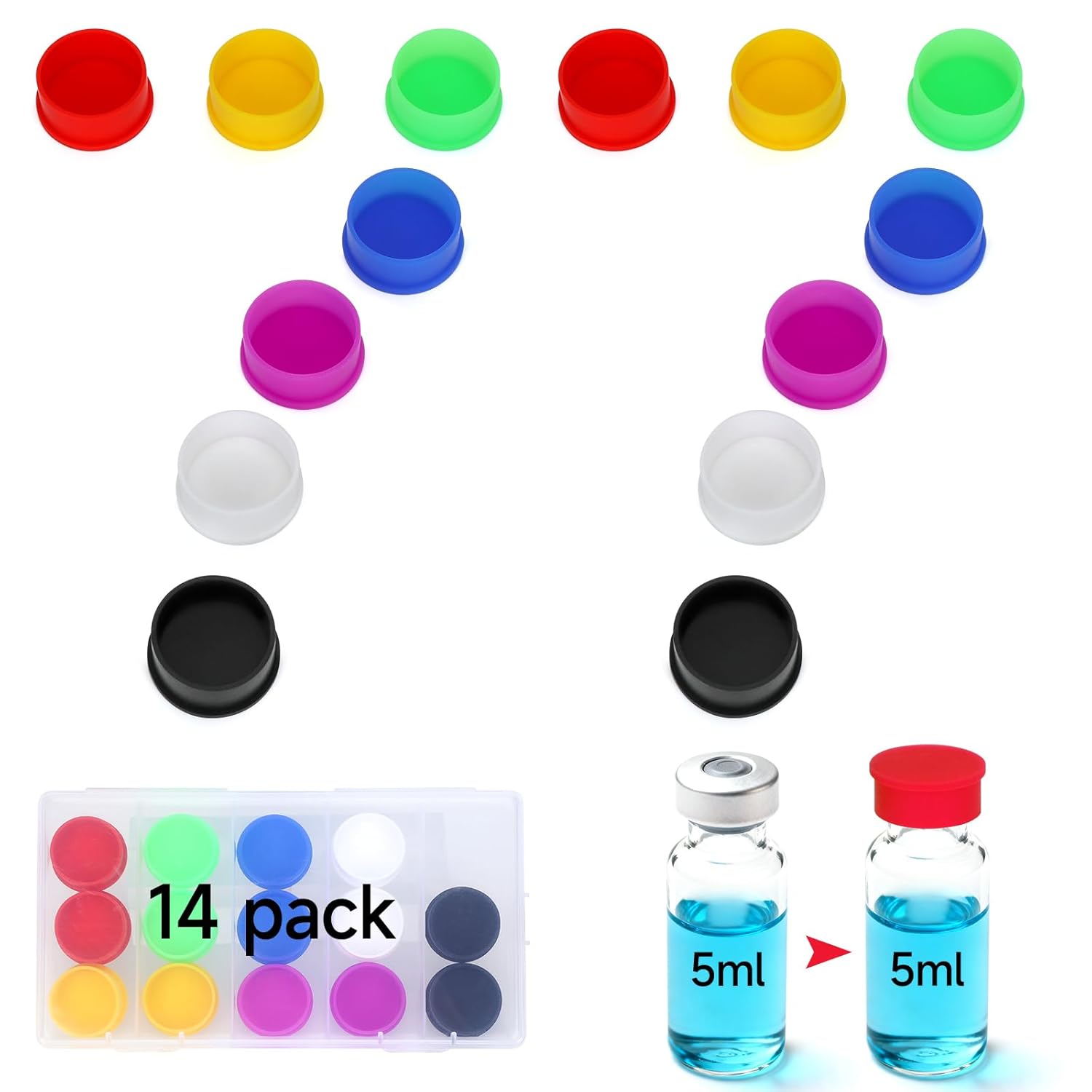 14 Pack 5-100ml Vial Caps (7 Colors) Peptide Caps for for 5ml 10ml 20ml 30ml Glass Vials Peptide Storage Protective Cap, Reusable Silicone Peptide Vial Covers Fit Peptide Case for Fridge by DawnBox.