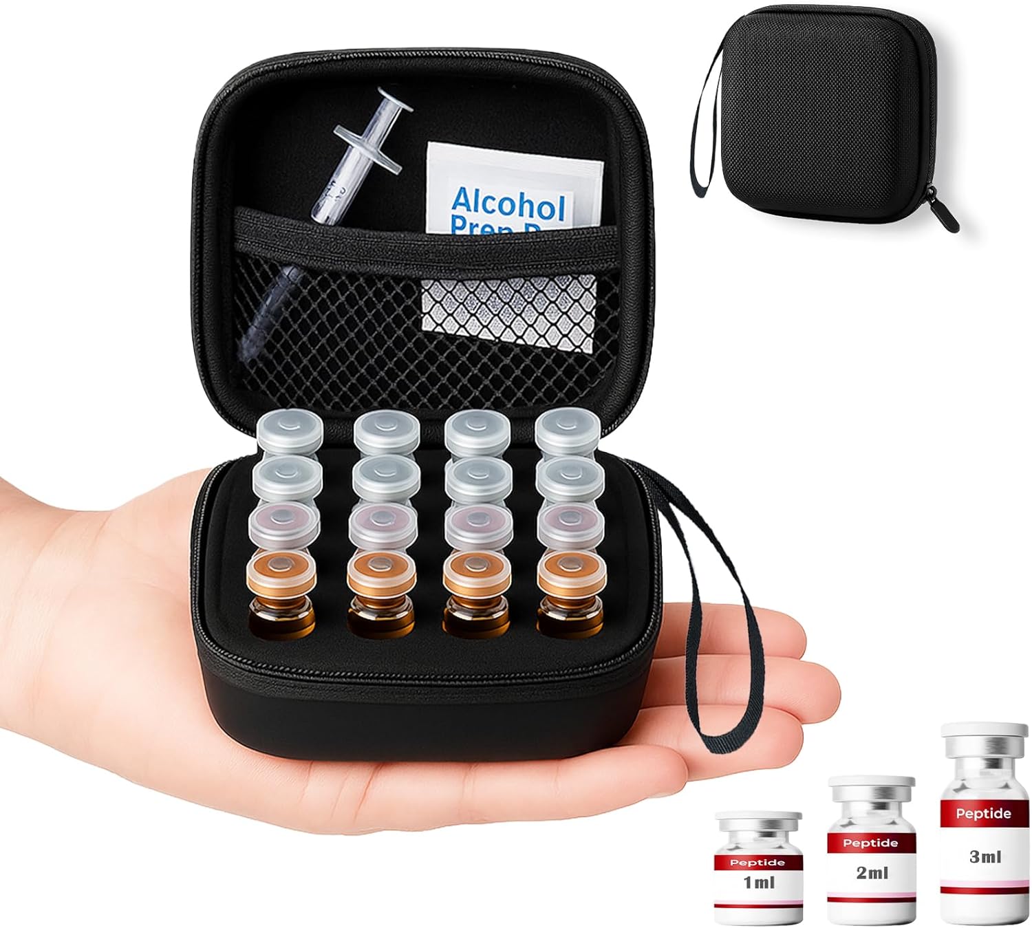 Peptide Vial Case for Fridge Storage - 16 Slot Organizer Holds 1-3ml Vials for Insulin, GLP-1, Peptides,Hard Shell Travel Case with Hand Strap,Black
