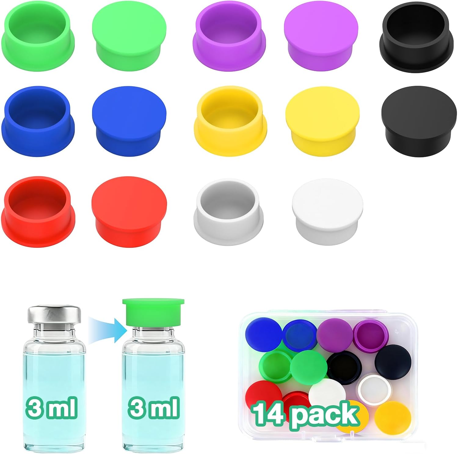 14 Packs 3ml Vial Caps for Peptide Storage, 7-Color Weekly Coding System, Protective Reusable Silicone Covers for 1ml to 4ml Glass Vials Fit Peptide Case for Fridge, Airtight Fridge Organizer