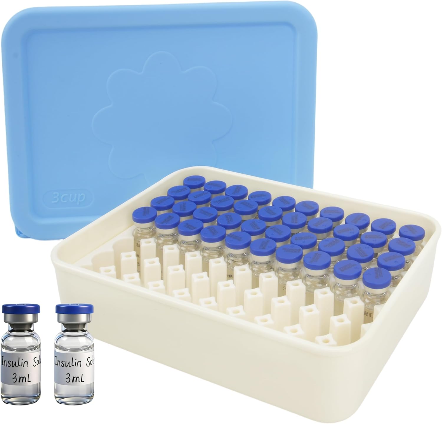 3ml Vial Peptide Storage Case, 70-Slot Hard Shell Peptide & Insulin Vial Holder with Soft Insert & Silicone Lid - Freezer & Refrigerator Safe, Compact for Home & Travel (Case Only)