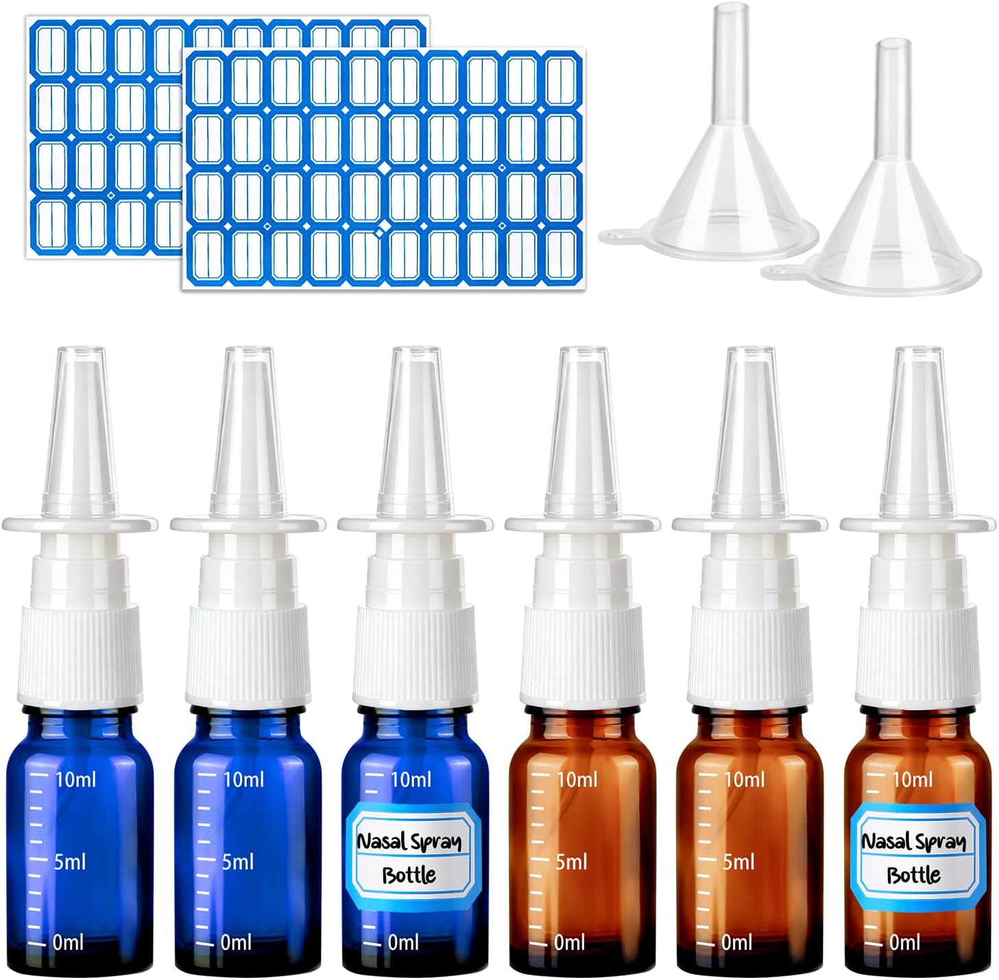 10 Pcs Nasal Spray Bottle, 10ML/0.35OZ 6Pcs Glass Empty Brown Blue Scale Nasal Nose Spray Bottles Refillable with 2 Funnels and 2 Labels