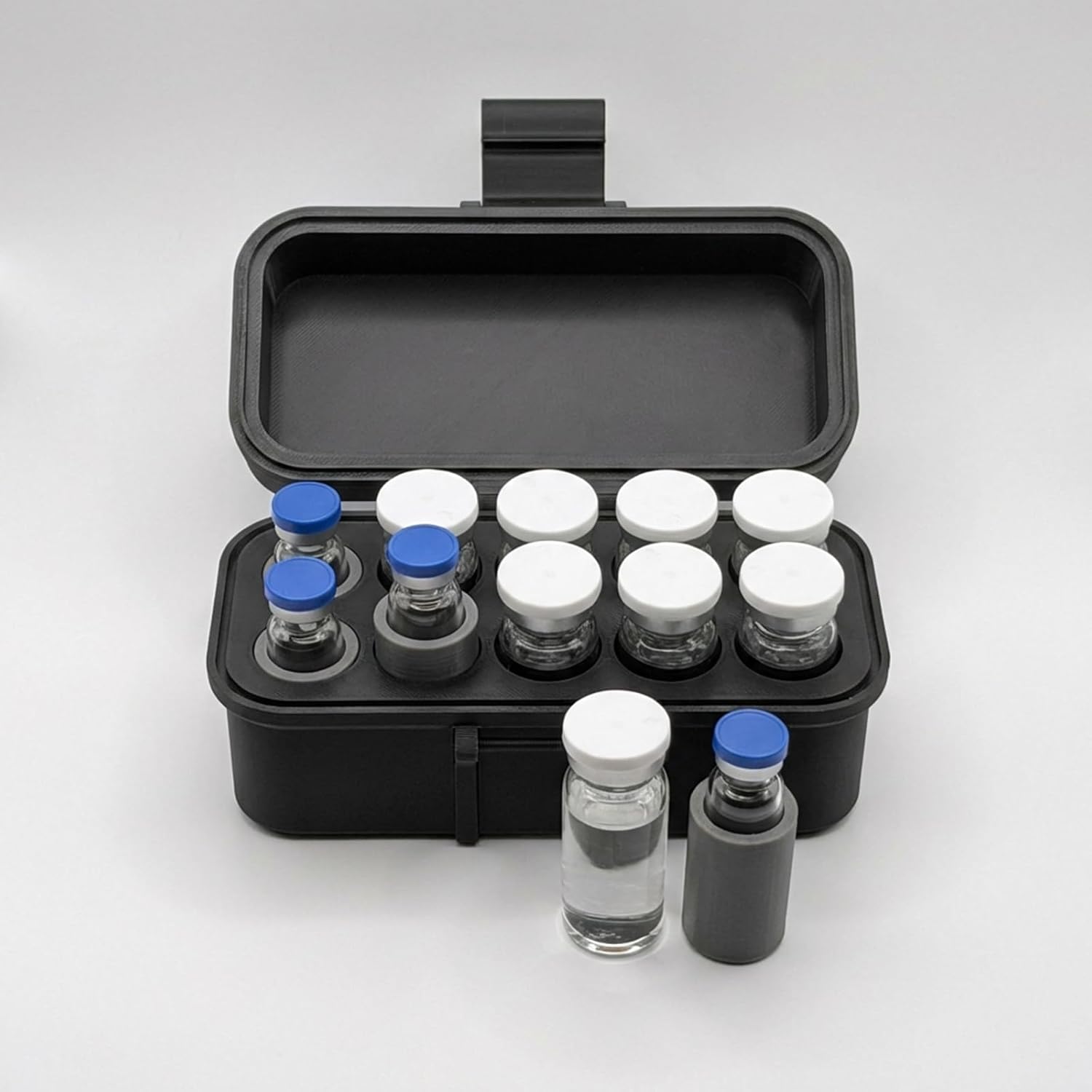 Vial Storage Case for 3mL, 5mL, 10mL Vials, Peptides, Insulin Travel Organizer, Secure & Robust Protective Box with Shims, Fridge/Freezer Safe, Black