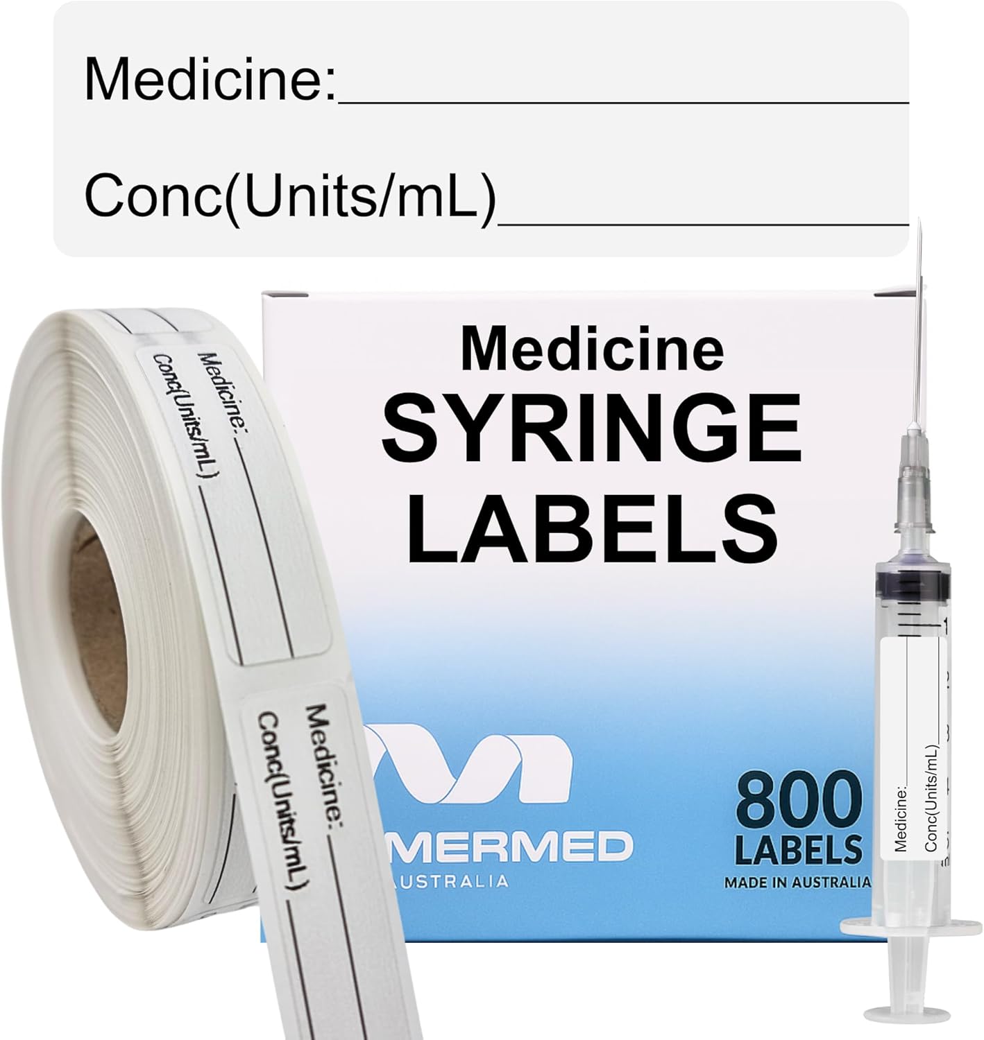 White Medicine Syringe Labels (Units/mL) - 800 Write-On Medication Stickers per Roll (12mm x 40mm / 0.5" x 1.5") in Dispense Box - Permanent Latex-Free Adhesive for Hospitals, Pharmacy & Vet Use